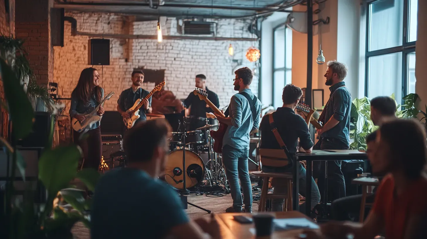 Eine Gruppe von vielfältigen Menschen, die einer Live-Band bei einer Unternehmensveranstaltung zuhören, lächeln und sich miteinander austauschen.