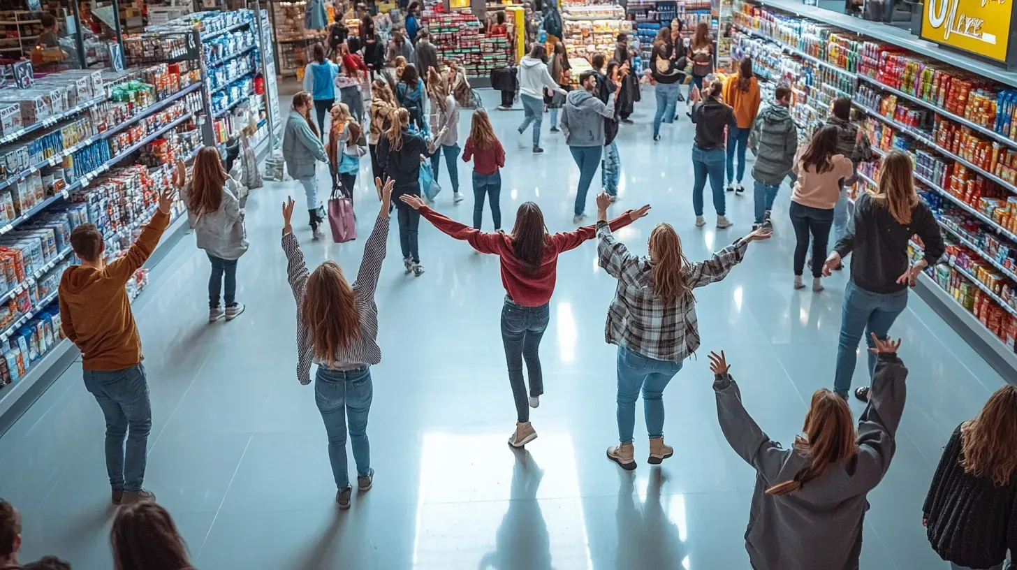 Eine Gruppe von Menschen, die in einem Supermarkt tanzen, während sie ein maßgeschneidertes Markenlied hören.