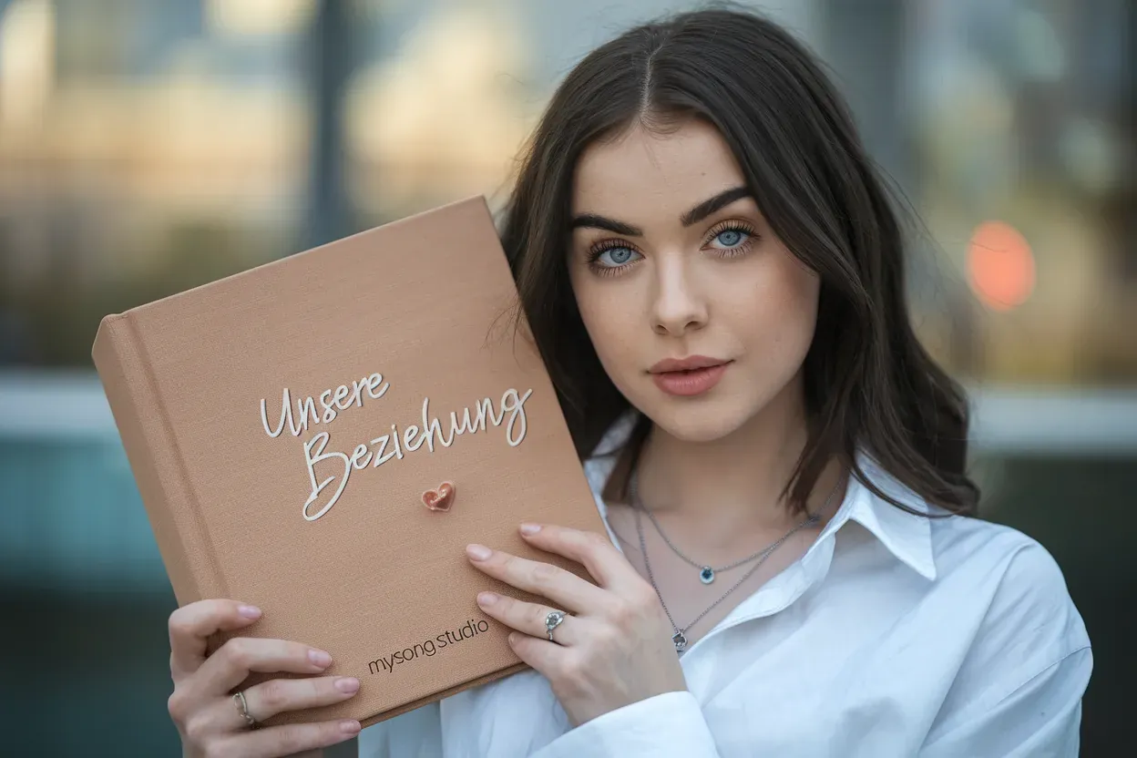 Frau hält ein Fotobuch in der Hand