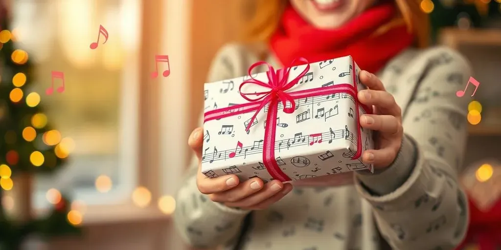 Person mit Geschenk und musikalischen Noten im Hintergrund.