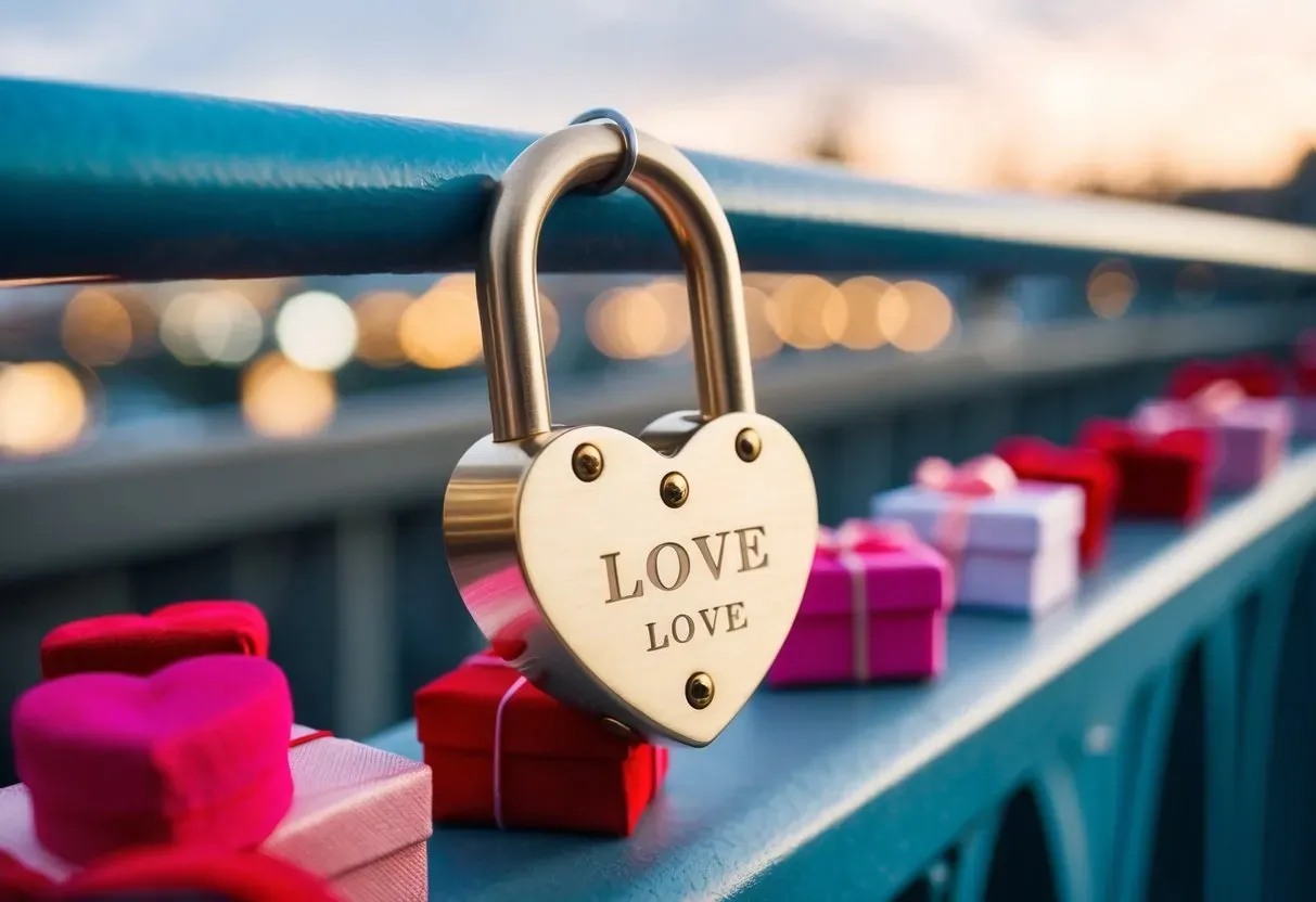 Ein herzförmiges Liebesschloss mit Gravur, das an einem Brückenhandlauf hängt, umgeben von romantischen Valentinstagsgeschenken.