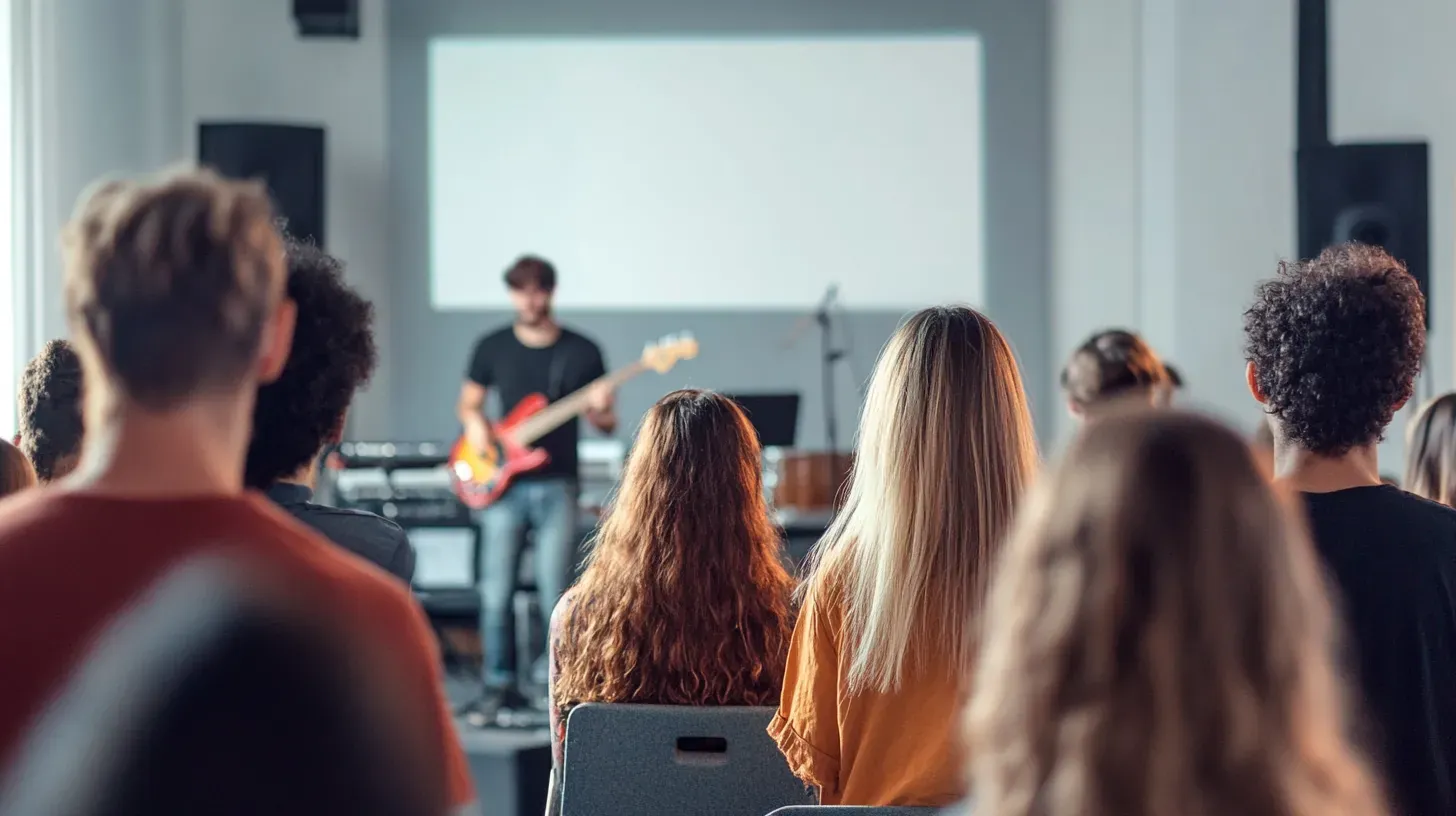 Eine Gruppe von Menschen, die eine Live-Musikaufführung bei einer Unternehmensveranstaltung genießen, mit dem Firmenlogo, das im Hintergrund deutlich sichtbar ist.