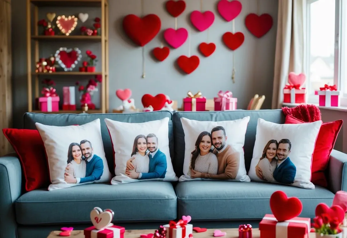 Ein gemütliches Wohnzimmer mit einer Couch, die mit personalisierten Fotokissen geschmückt ist, umgeben von romantischen Valentinstagsgeschenken und Dekorationen.