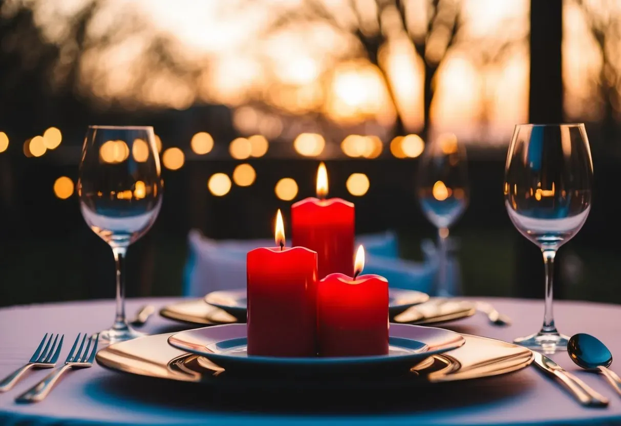 Ein romantisch gedeckter Tisch mit 13 Kerzen für den Valentinstag