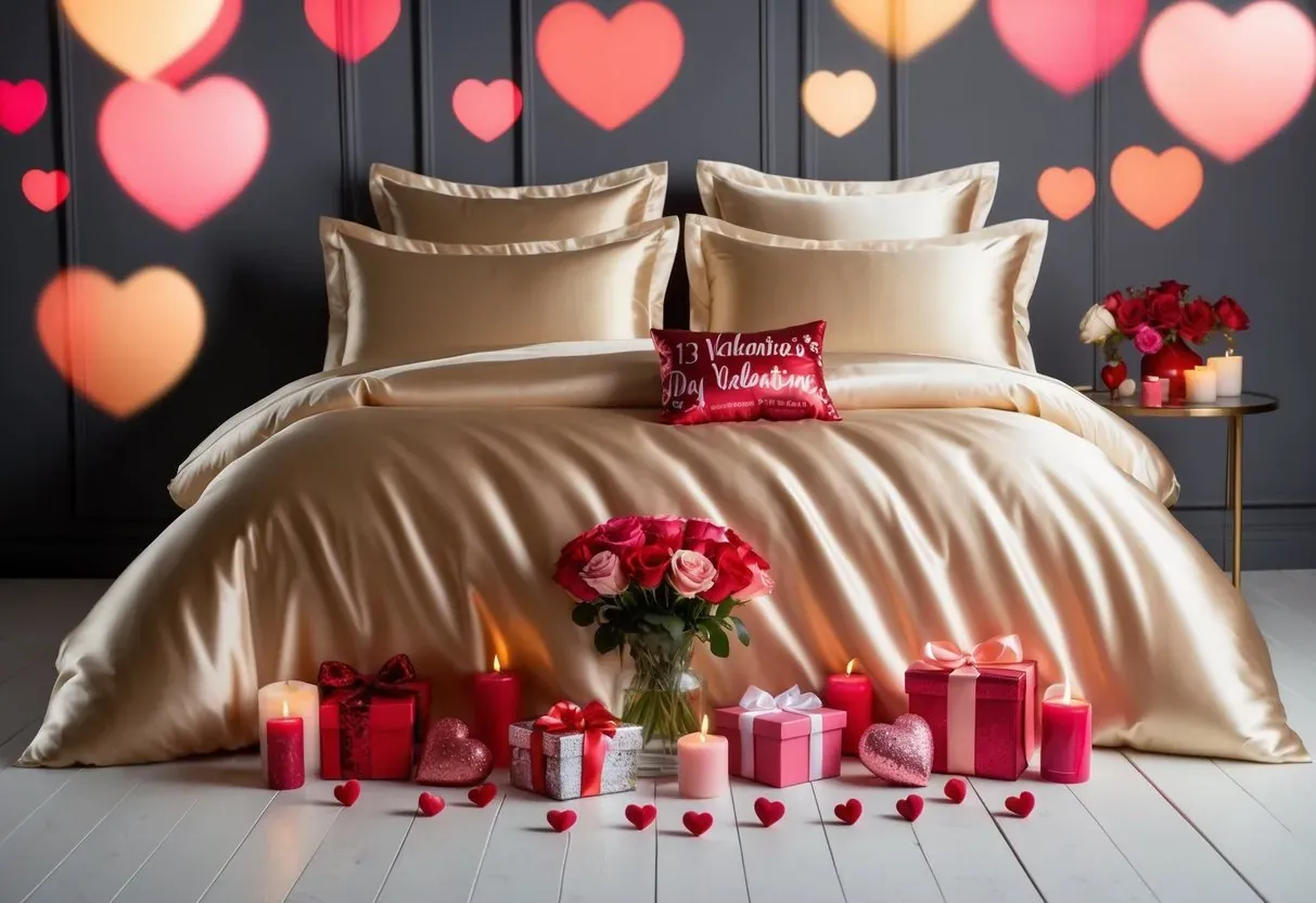 Ein luxuriöses Satin-Bettwäsche-Set umgeben von 13 Geschenkideen zum Valentinstag, mit romantischen Elementen wie Rosen, Herzen und Kerzen.