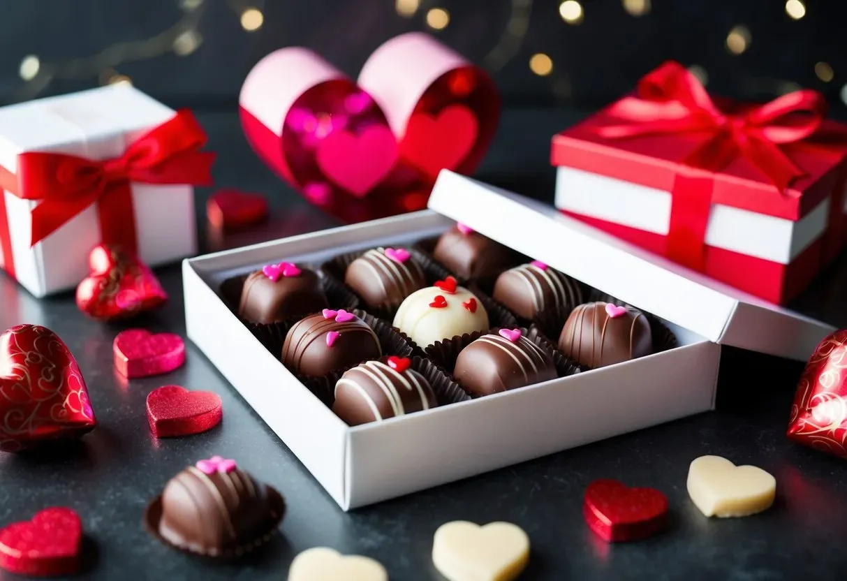 Eine Schachtel mit Gourmet-Pralinen, umgeben von Geschenken und Dekorationen zum Valentinstag