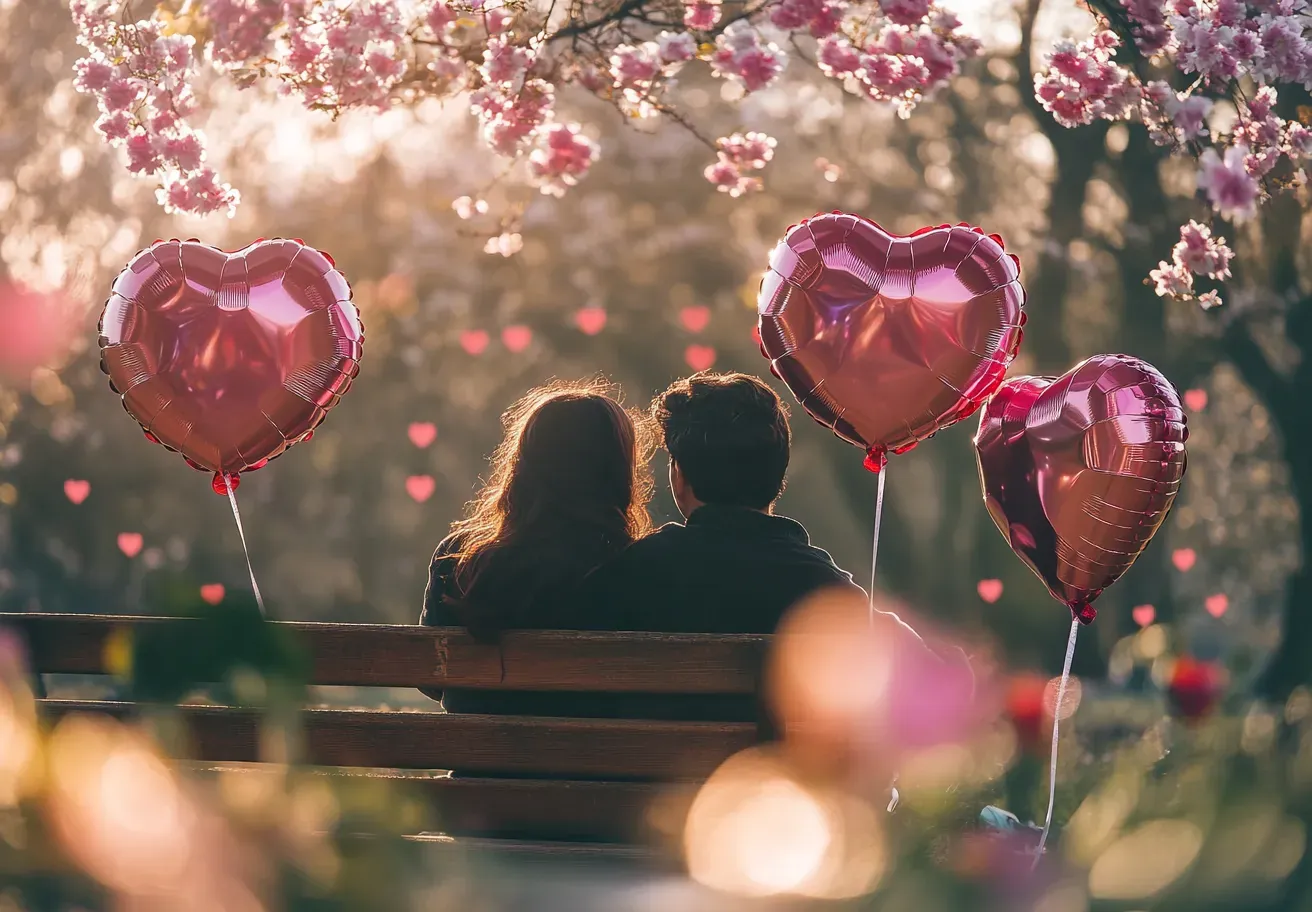 Ein Paar sitzt auf einer Parkbank, umgeben von blühenden Blumen und einem herzförmigen Ballon, der in der Luft schwebt.