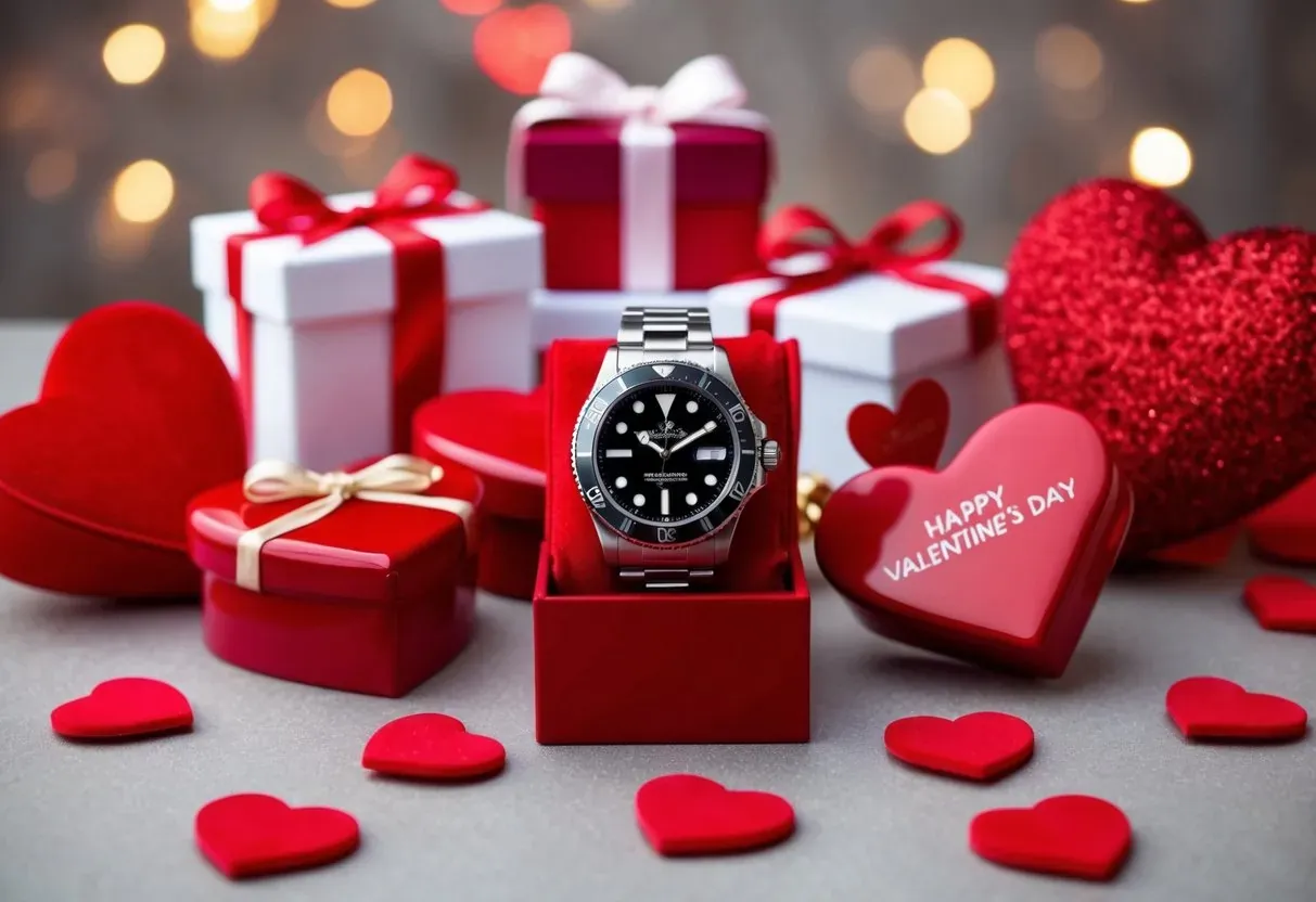 Eine stilvolle Uhr umgeben von romantischen Valentinstagsgeschenken